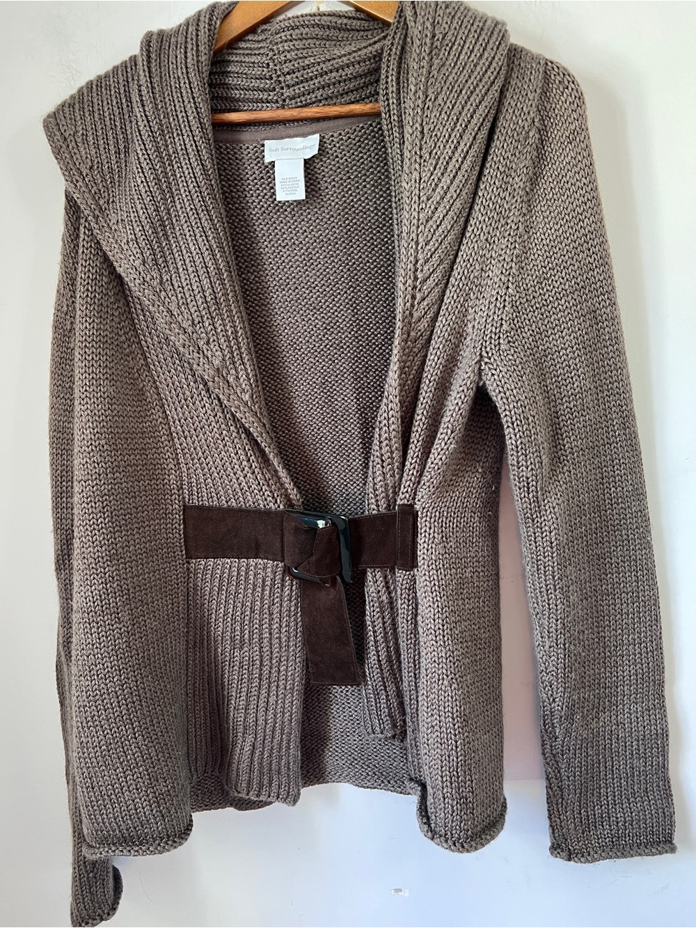 Soft Surroundings Taupe-Brown Shawl-Collar Knit Cardigan with Suede Belt